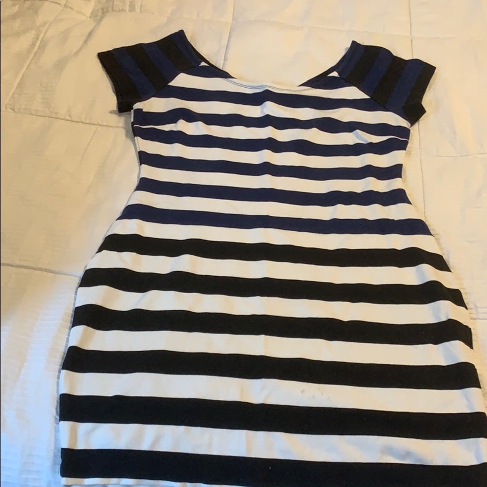 Blue and black striped stretch fitted dress